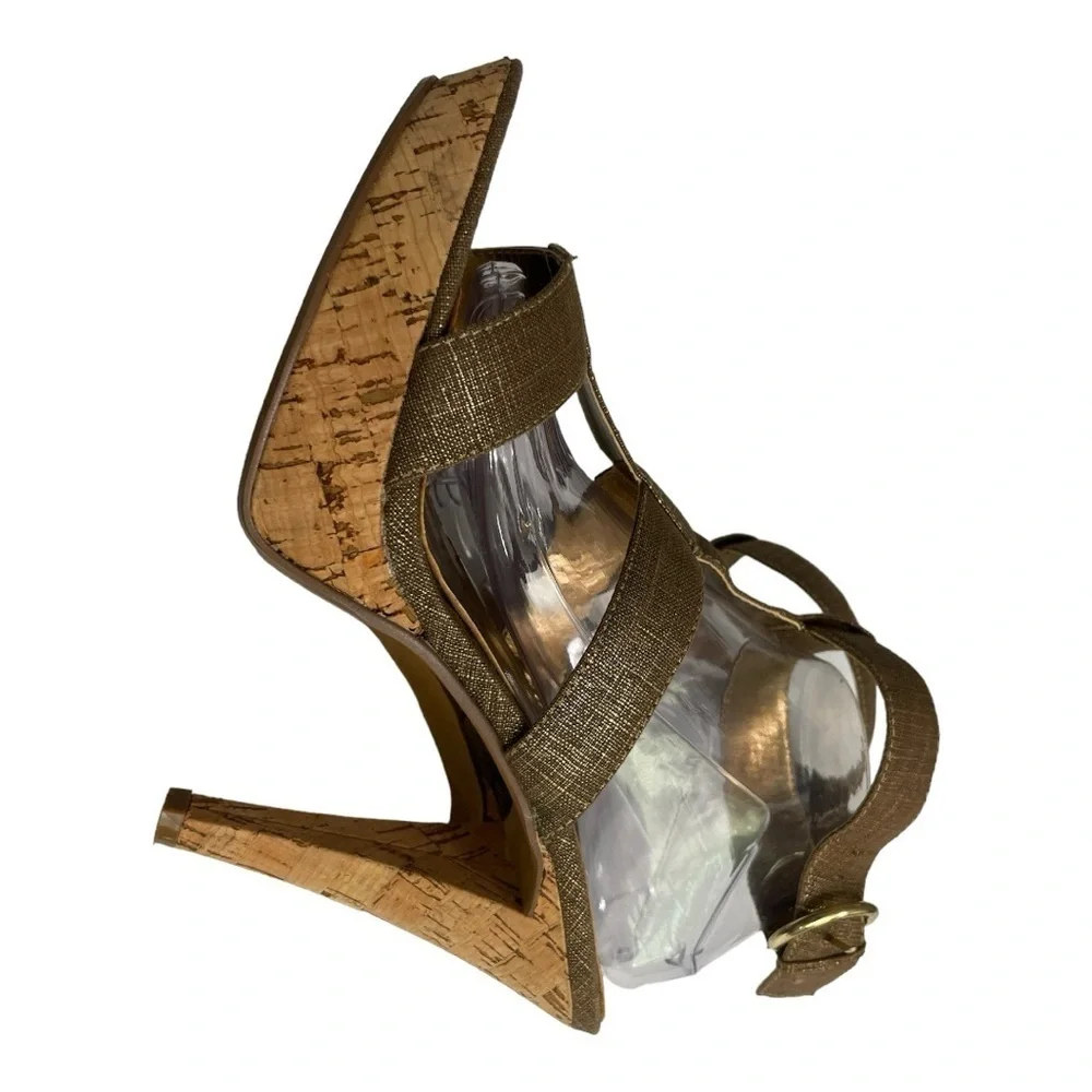 Chinese laundry denim and gold strapped cork heels size 10M